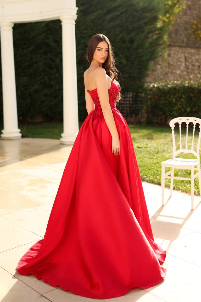 Red Strapless Floor Length Mikado Prom Dress with Beaded Bodice and High Slit Tina Holly TE706