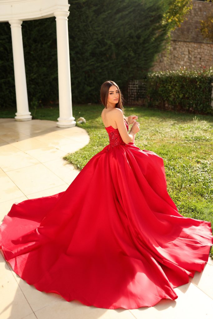 Red Strapless Floor Length Mikado Prom Dress with Beaded Bodice and High Slit Tina Holly TE706