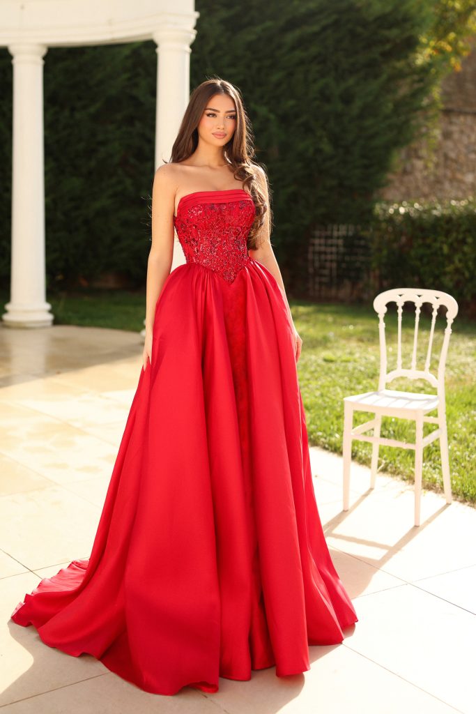 Red Strapless Floor Length Mikado Prom Dress with Beaded Bodice and High Slit Tina Holly TE706