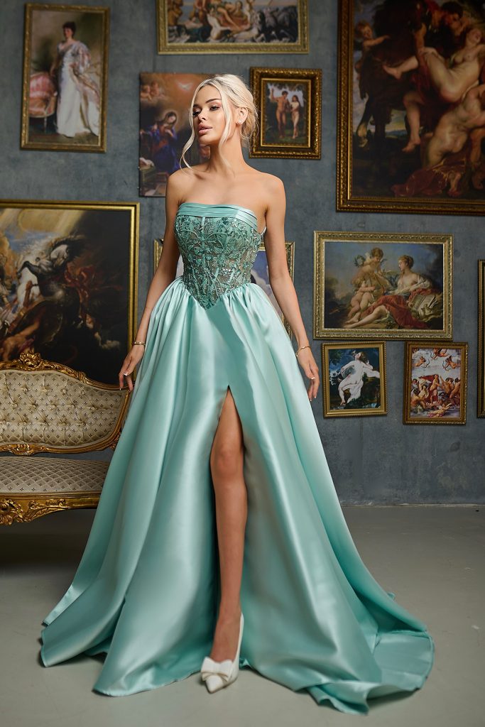 Soft Mint Strapless Floor Length Mikado Prom Dress with Beaded Bodice and High Slit Tina Holly TE706