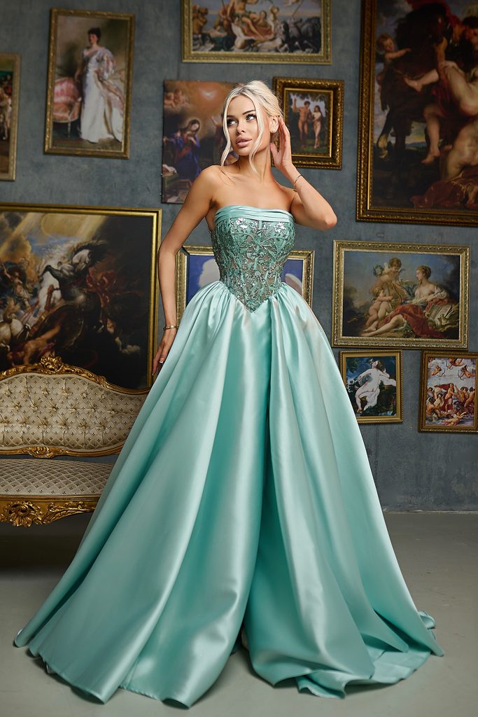 Soft Mint Strapless Floor Length Mikado Prom Dress with Beaded Bodice and High Slit Tina Holly TE706