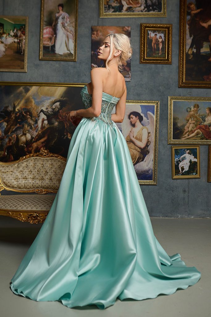 Soft Mint Strapless Floor Length Mikado Prom Dress with Beaded Bodice and High Slit Tina Holly TE706