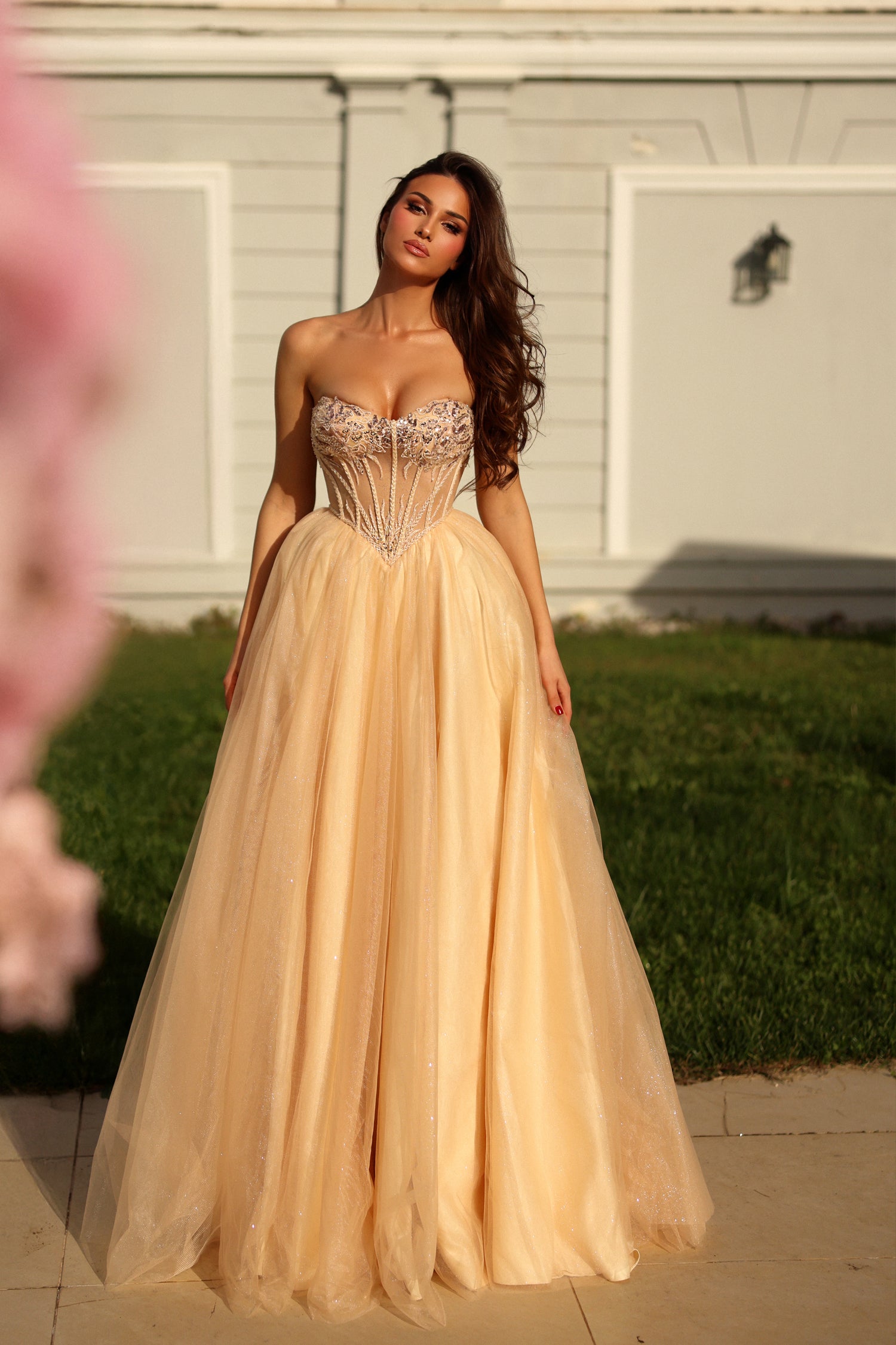 Champagne Strapless Floor-Length Tulle Prom Gown with Corset Back Formal Dress Tina Holly TE708