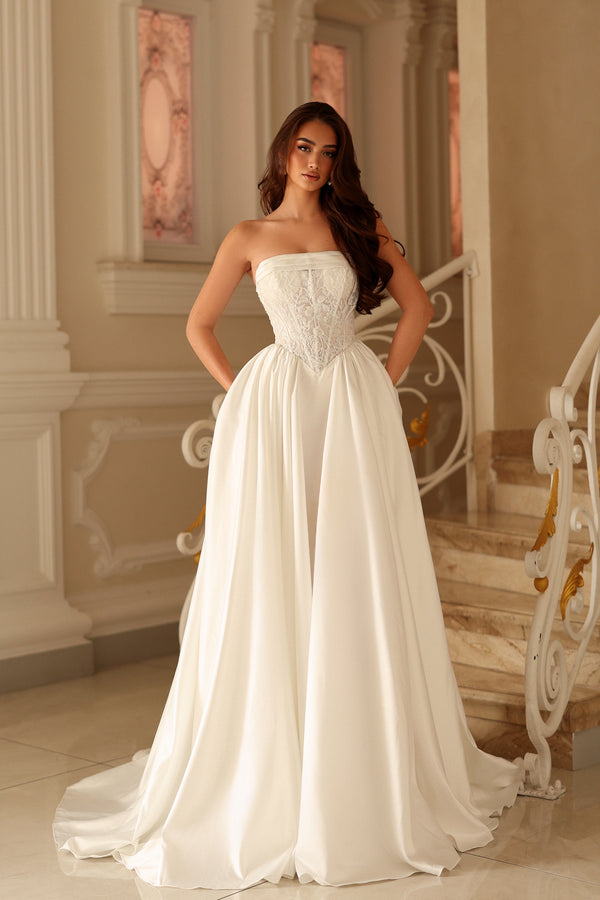 Strapless Straight Neck Floor-Length Satin Wedding Dress A-Line Tina Holly TE711