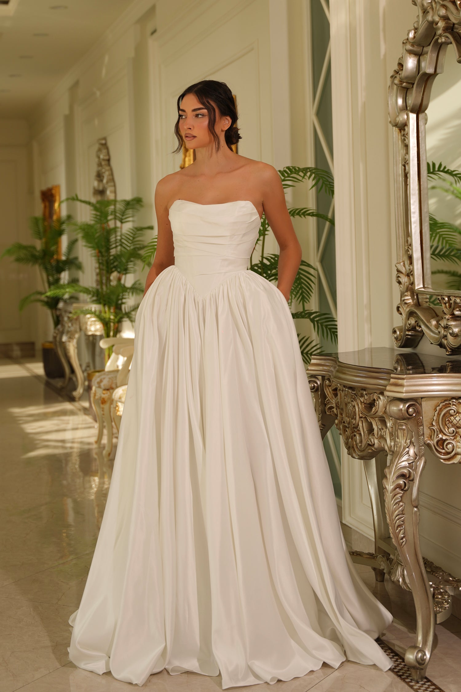 Wedding Dresses Long Bridal A Line Pleated Wedding Dress Tina Holly TE810 Off White