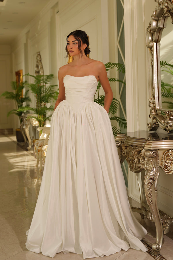Long Bridal A Line Pleated Wedding Dress Tina Holly TE810