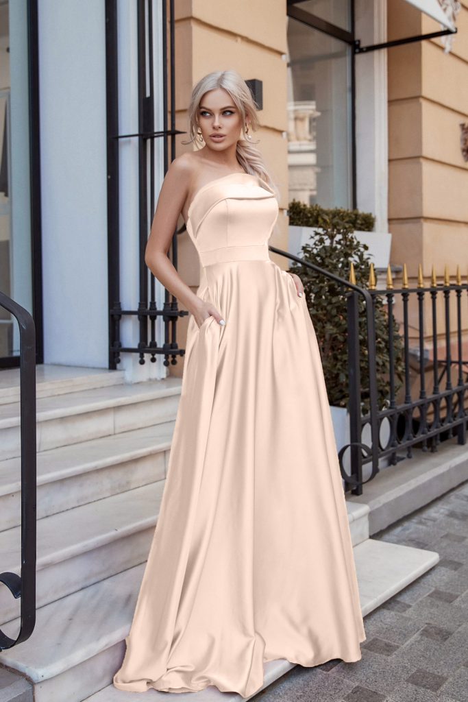 Strapless Floor-Length Satin Formal A-Line Gown Tina Holly TE920