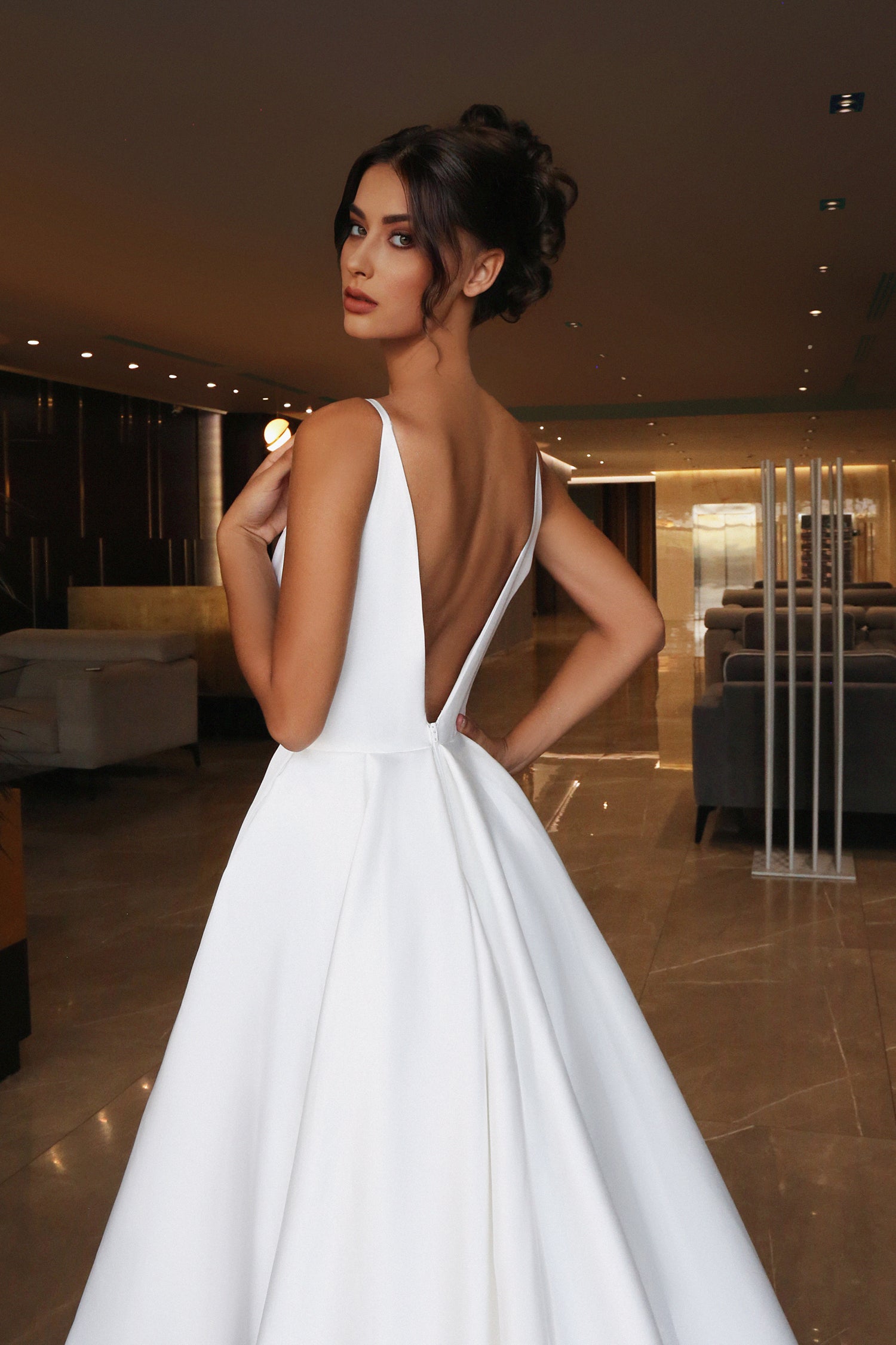 Wedding A-Line Spaghetti Strap High Slit Mikado Gown TF002 by Tina Holly Off White / 8