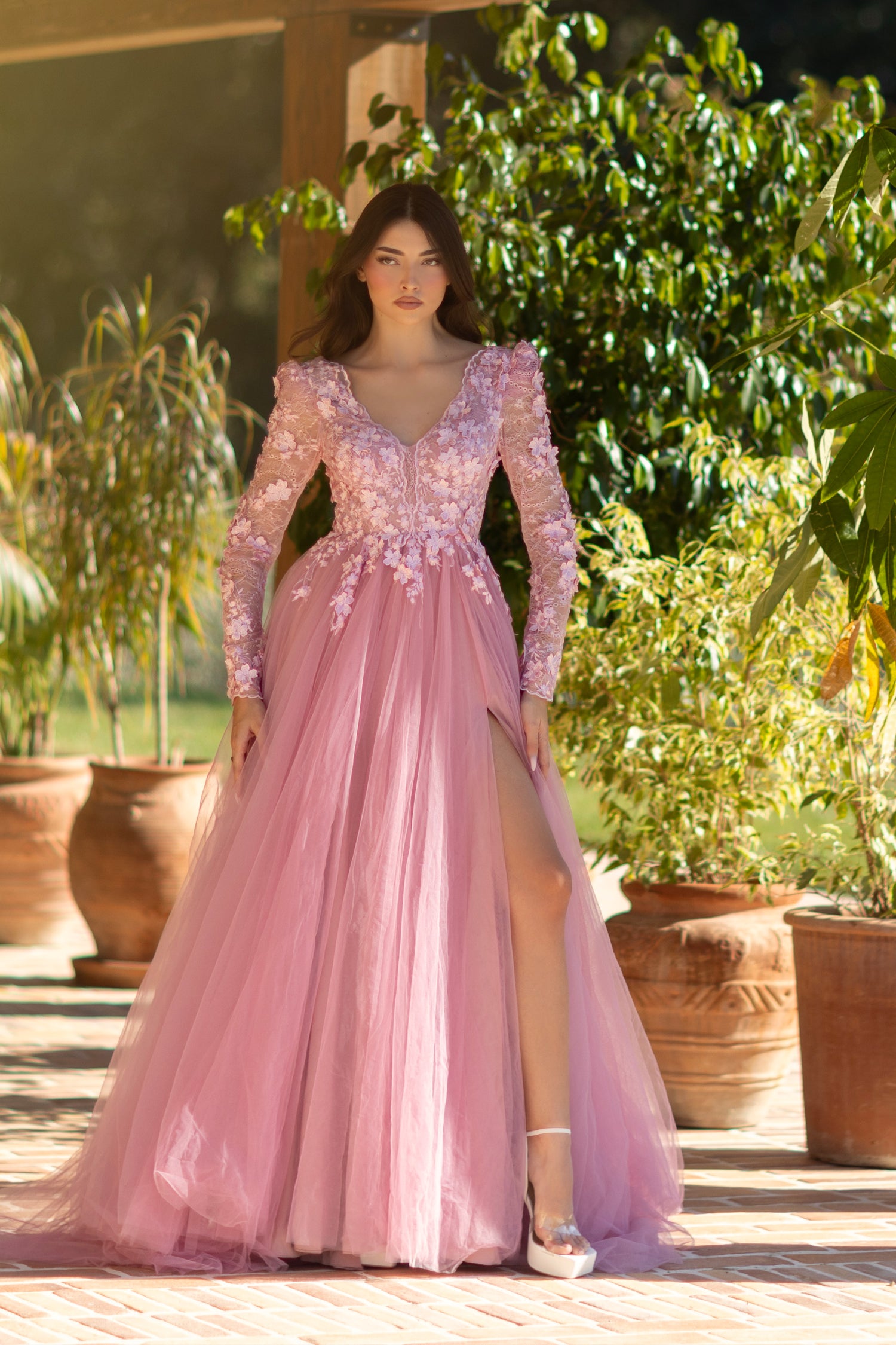 Formal Dresses Long Floral Lace Formal Evening Dress Pink