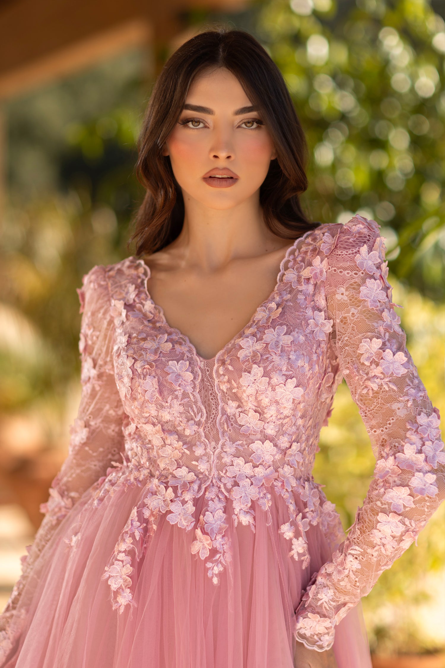 Tina Holly TF318F Long Sleeve 3D Lace Tulle Prom Dress | One Honey Pink / 4 aus Tina Holly TF318F Long Sleeve 3D Lace Tulle Prom Dress | One Honey Pink / 4 aus