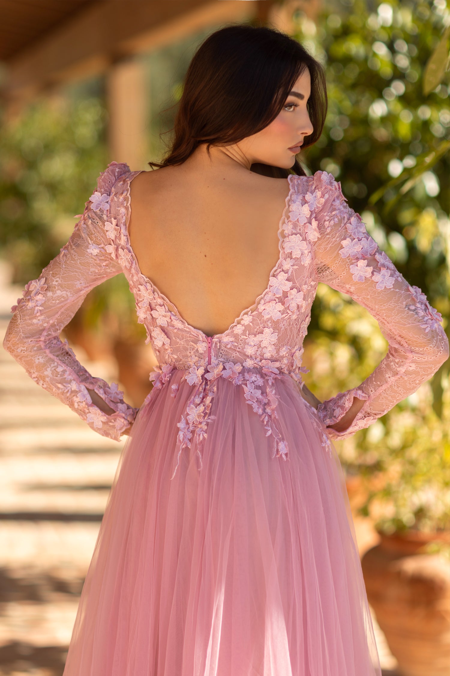 Tina Holly TF318F Long Floral Lace Formal Evening Dress - Pink / 4 Tina Holly TF318F Long Floral Lace Formal Evening Dress - Pink / 4