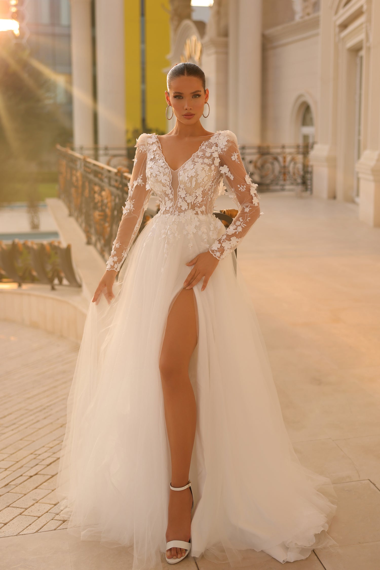 Wedding Dresses Long 3D Floral Wedding Dress Off White