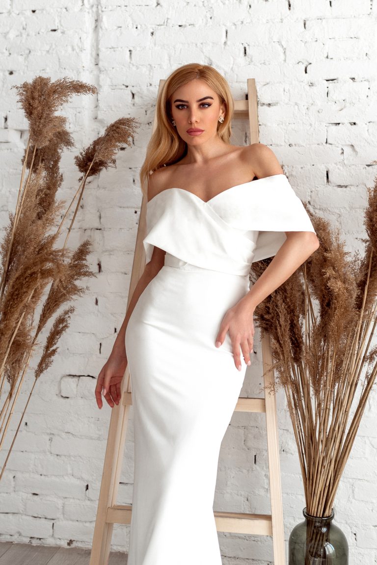 Off-the-Shoulder Floor-Length Crepe Wedding Mermaid Gown Tina Holly TK007W