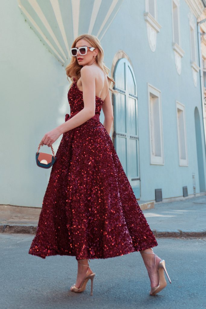 One-Shoulder Tea-Length Sequin Formal A-Line Dress - Tina Holly TYTK047