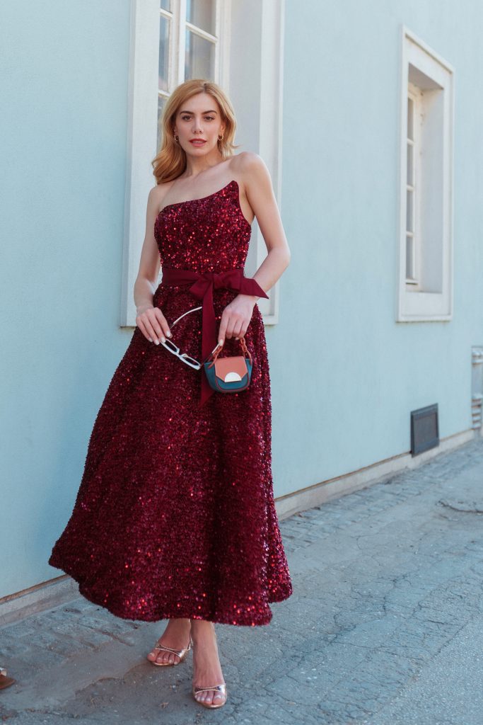 One-Shoulder Tea-Length Sequin Formal A-Line Dress - Tina Holly TYTK047