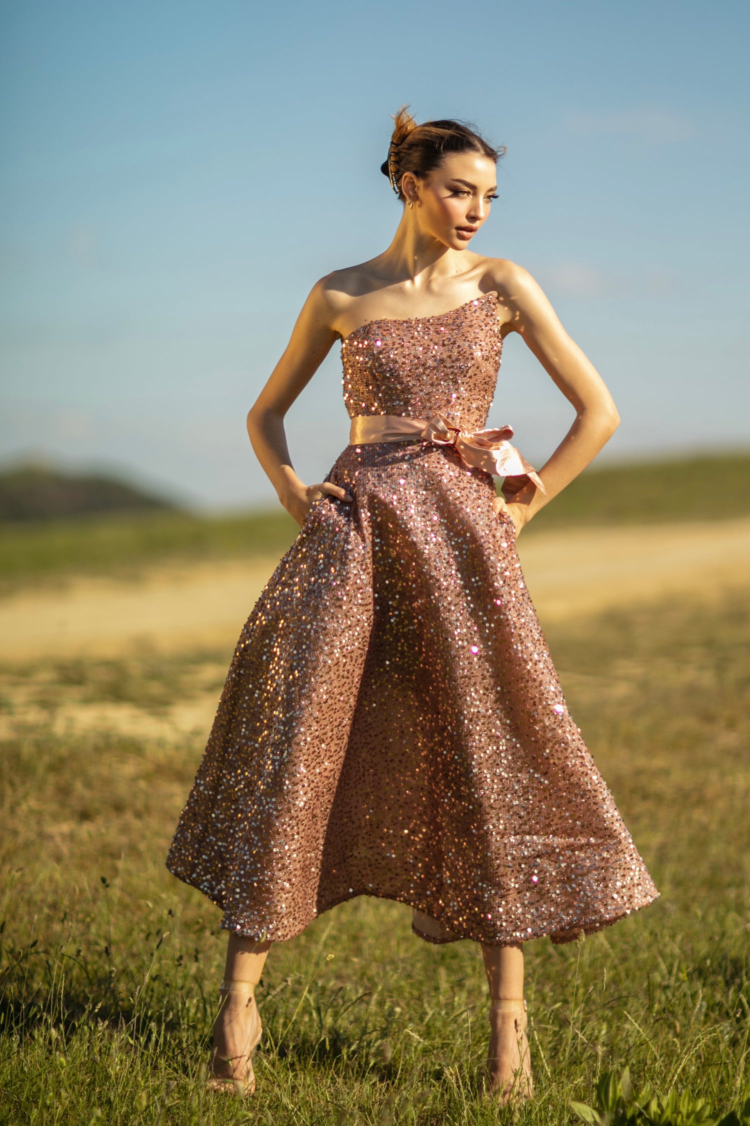One-Shoulder Tea-Length Sequin Formal A-Line Dress - Tina Holly TYTK047