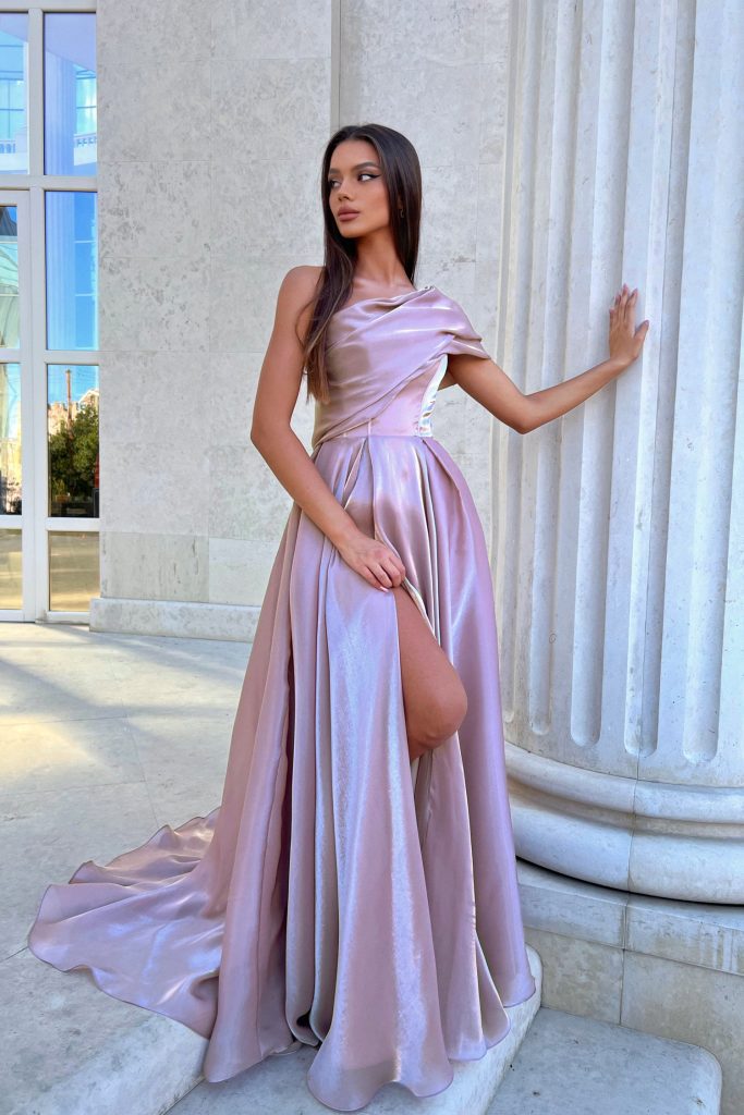 One-Shoulder Floor-Length Satin Formal A-Line Gown - Tina Holly TYTK055