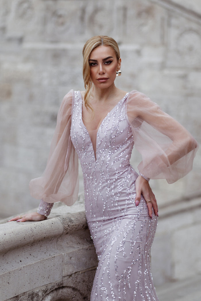 Prom Dresses Beaded Mermaid Long Formal Prom Dress Tea Rose