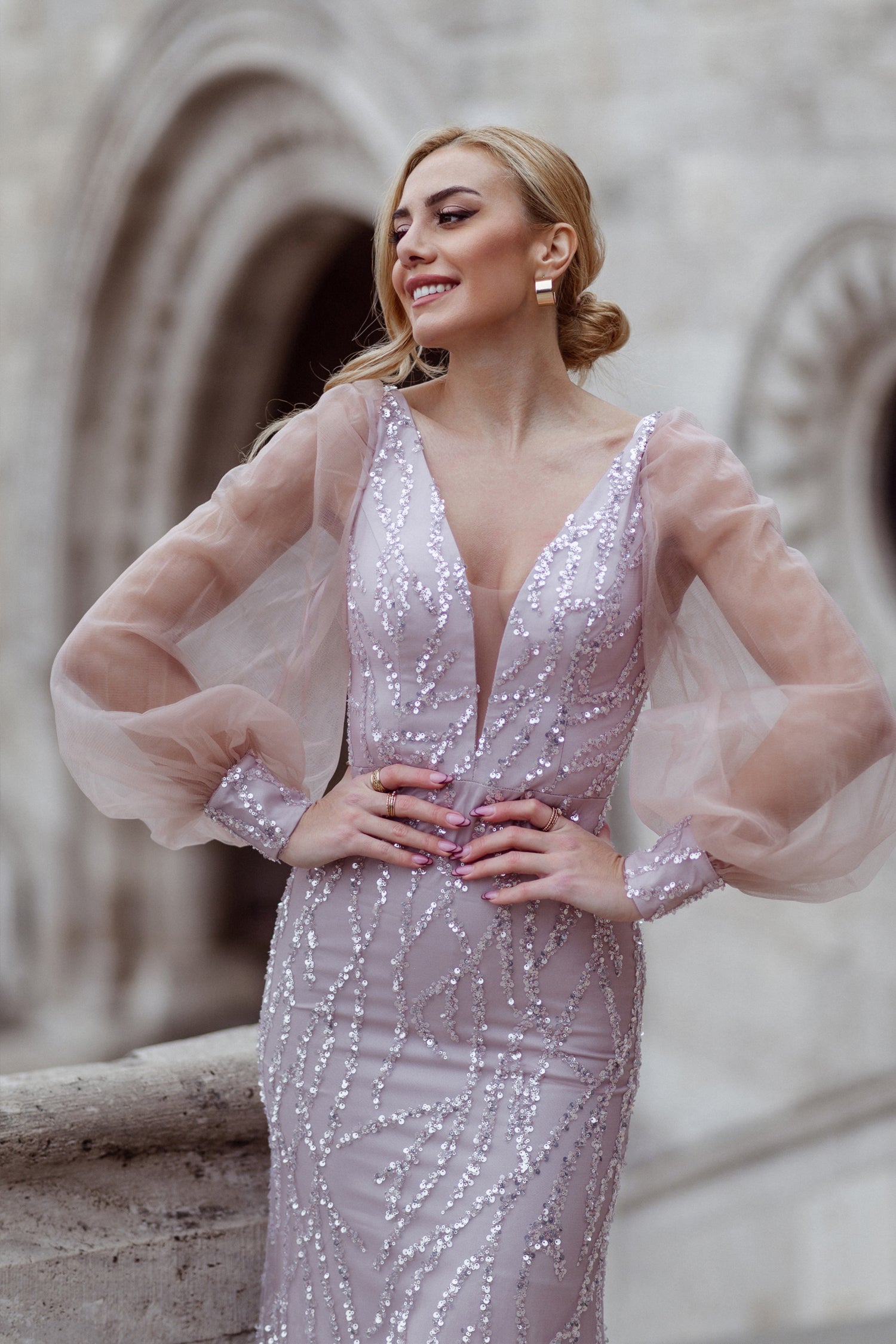 Prom Dresses Beaded Mermaid Long Formal Prom Dress Tea Rose