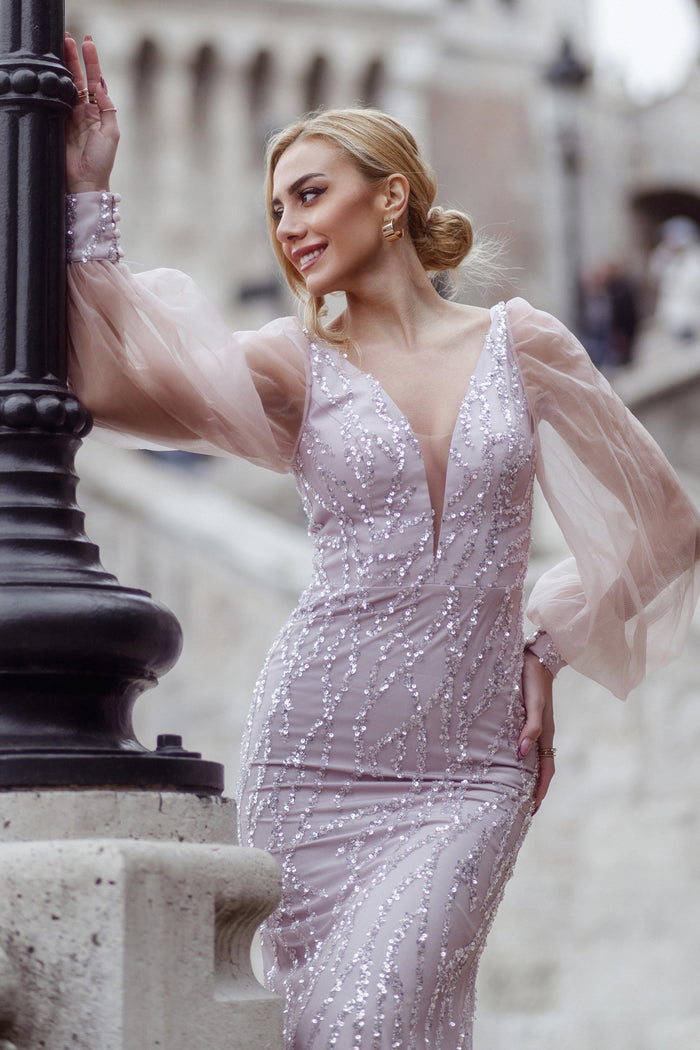 Prom Dresses Beaded Mermaid Long Formal Prom Dress Tea Rose