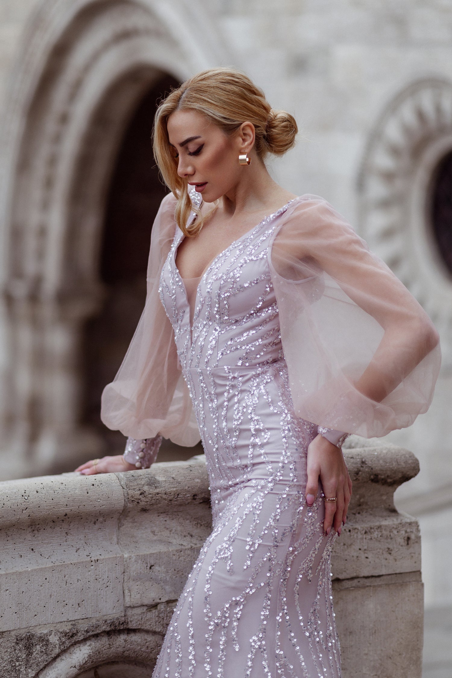 Prom Dresses Beaded Mermaid Long Formal Prom Dress Tea Rose
