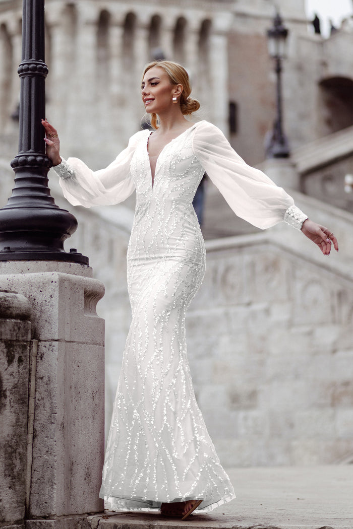 Prom Dresses Beaded Mermaid Long Formal Prom Dress  White