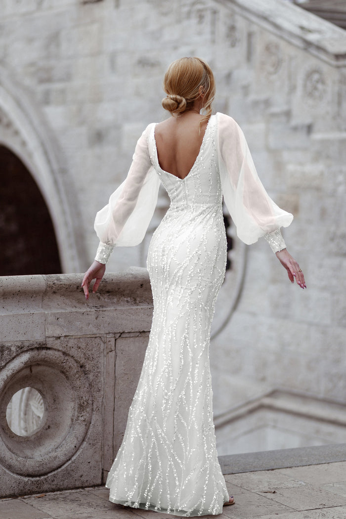 Prom Dresses Beaded Mermaid Long Formal Prom Dress  White