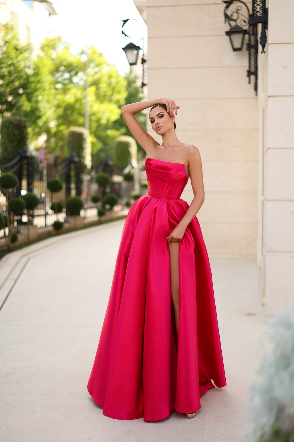 Prom Dresses Ball Gown Long Slit Formal Prom Dress Ruby Red