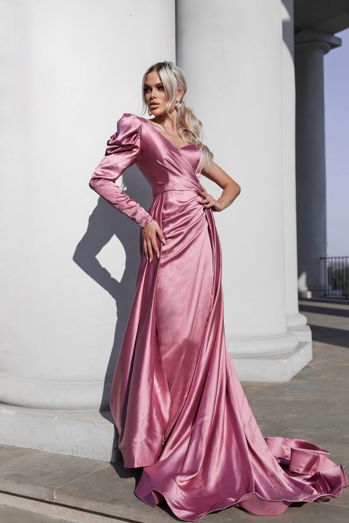 V-Neck Floor-Length Satin Formal A-Line Gown - Tina Holly TYTK333