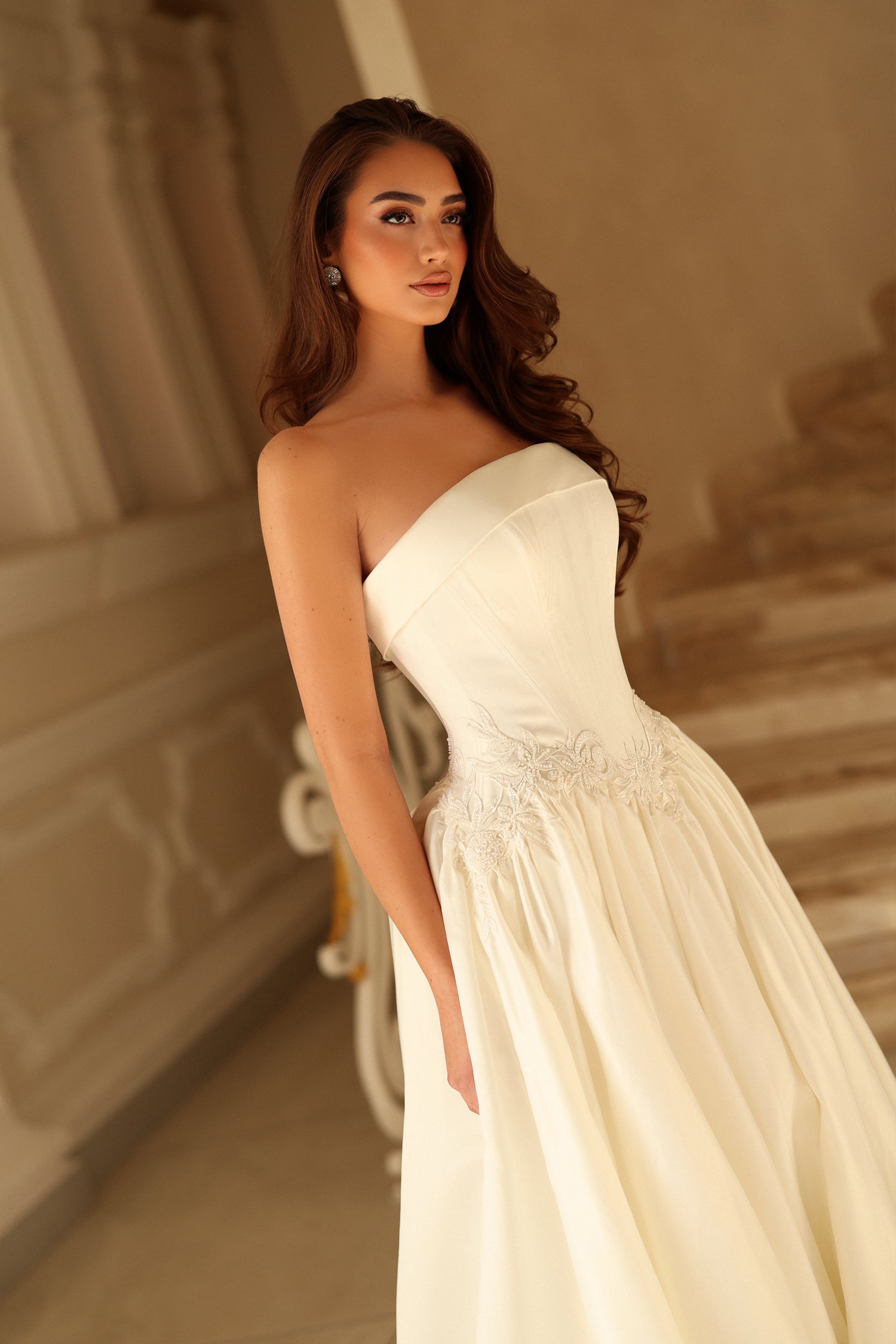 Strapless Straight Neck Floor-Length Satin Wedding Dress A-Line Tina Holly TK800