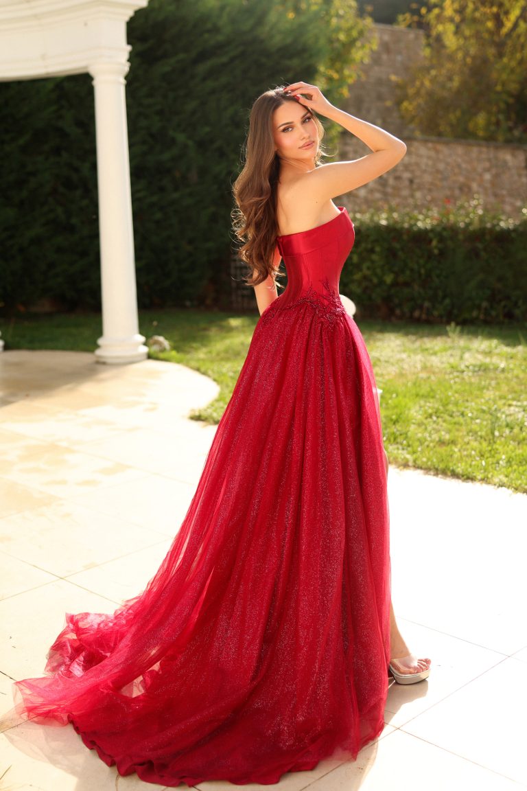 Ruby Red Strapless Floor-Length Glitter Tulle Prom Gown with Embroidery Lace Bodice Formal Dress Tina Holly TK801