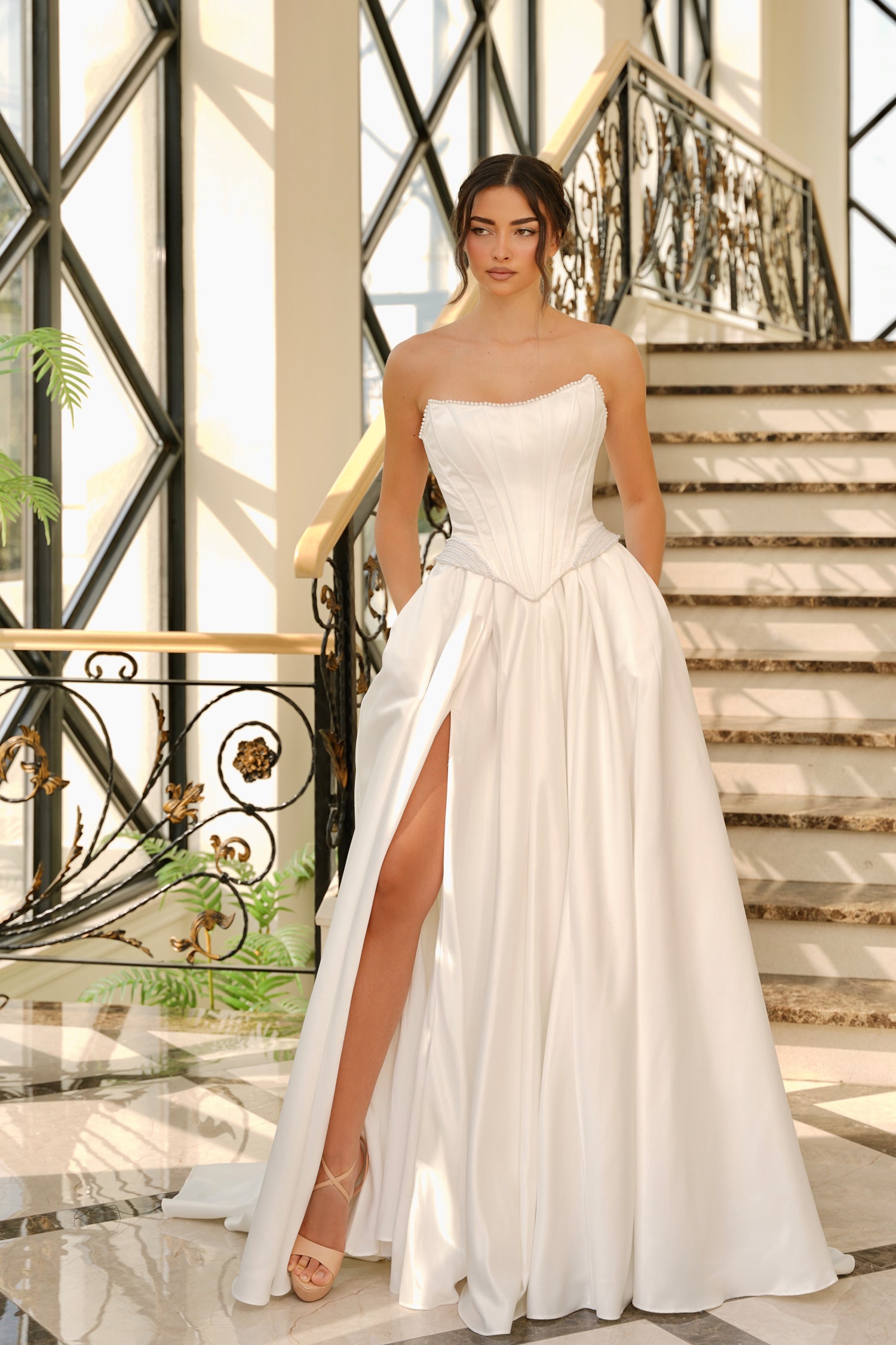 structured a line wedding dress A-line wedding dress with deep V neckline