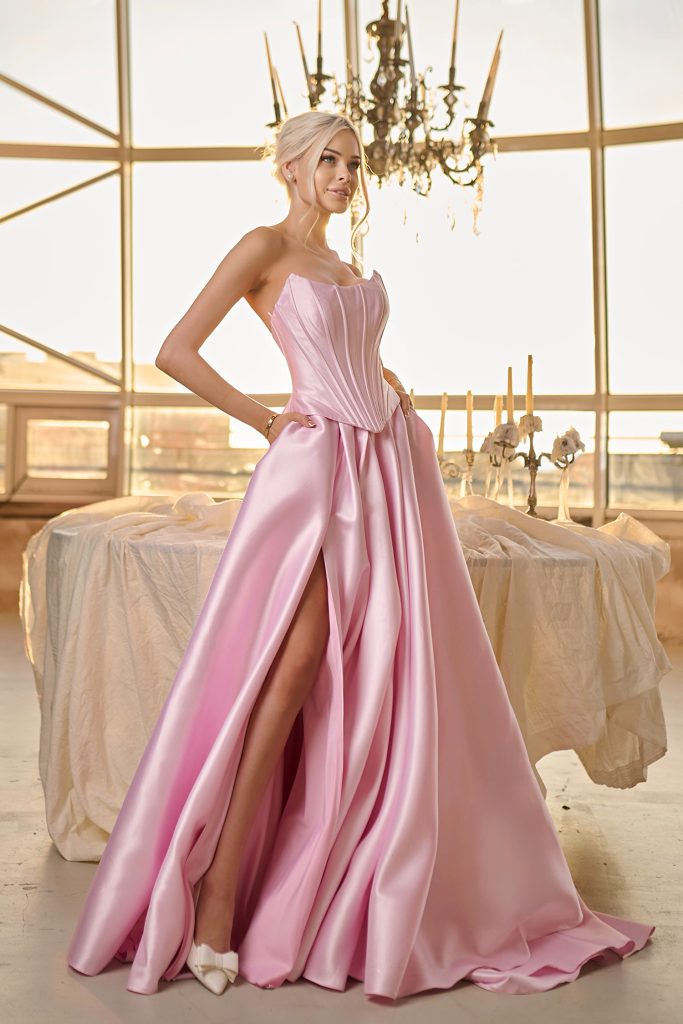 Baby Pink Strapless Floor-Length Mikado Prom Gown with Corset Bodice and Front Slit Formal Dress Tina Holly TK804