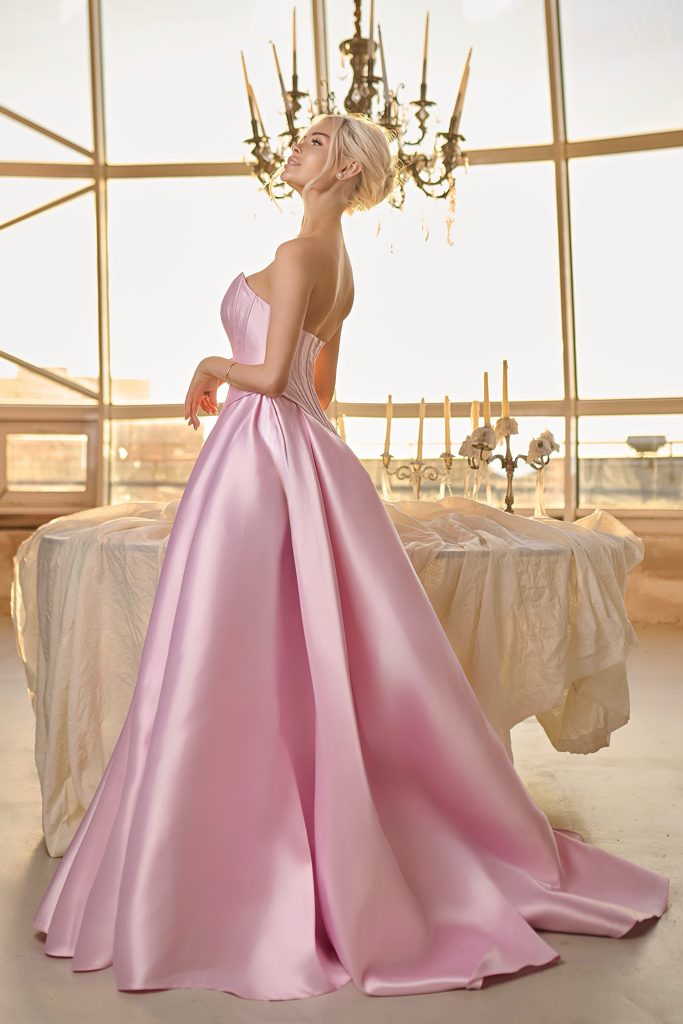 Baby Pink Strapless Floor-Length Mikado Prom Gown with Corset Bodice and Front Slit Formal Dress Tina Holly TK804