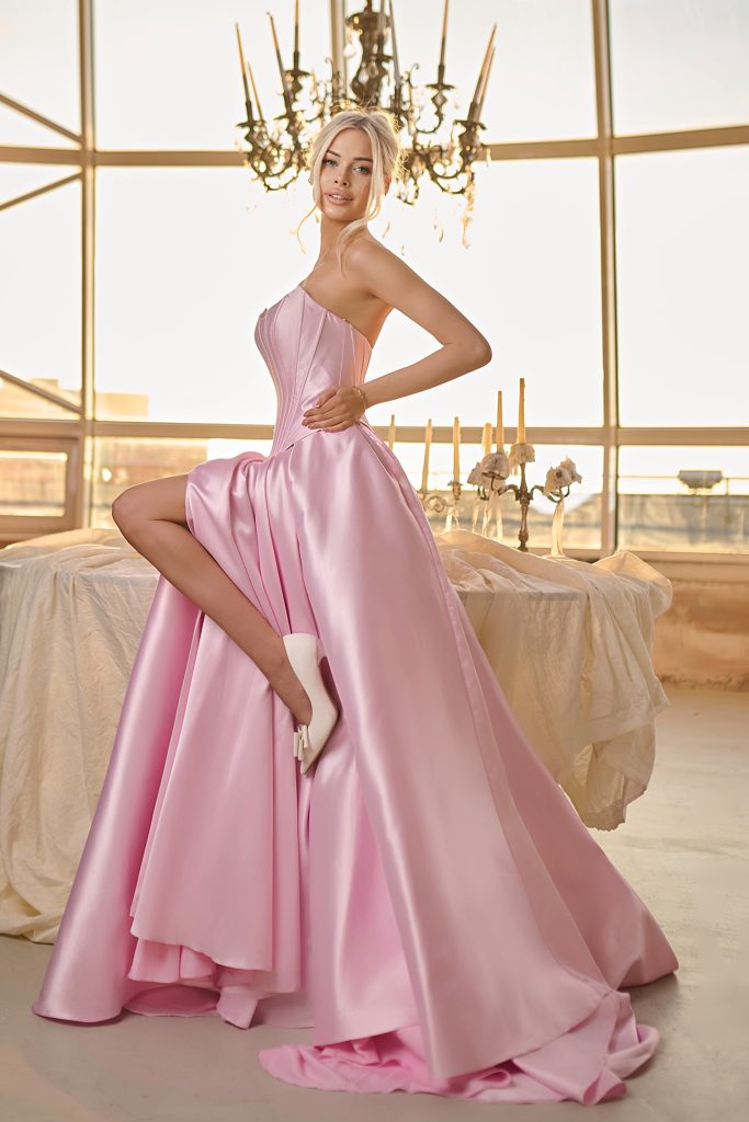 Baby Pink Strapless Floor-Length Mikado Prom Gown with Corset Bodice and Front Slit Formal Dress Tina Holly TK804