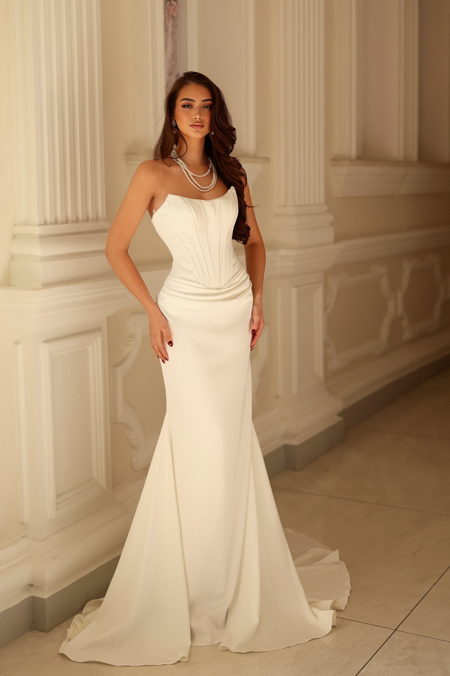 Strapless Straight Neck Floor-Length with Train Crepe Wedding Dress Sheath/Column Tina Holly TK805