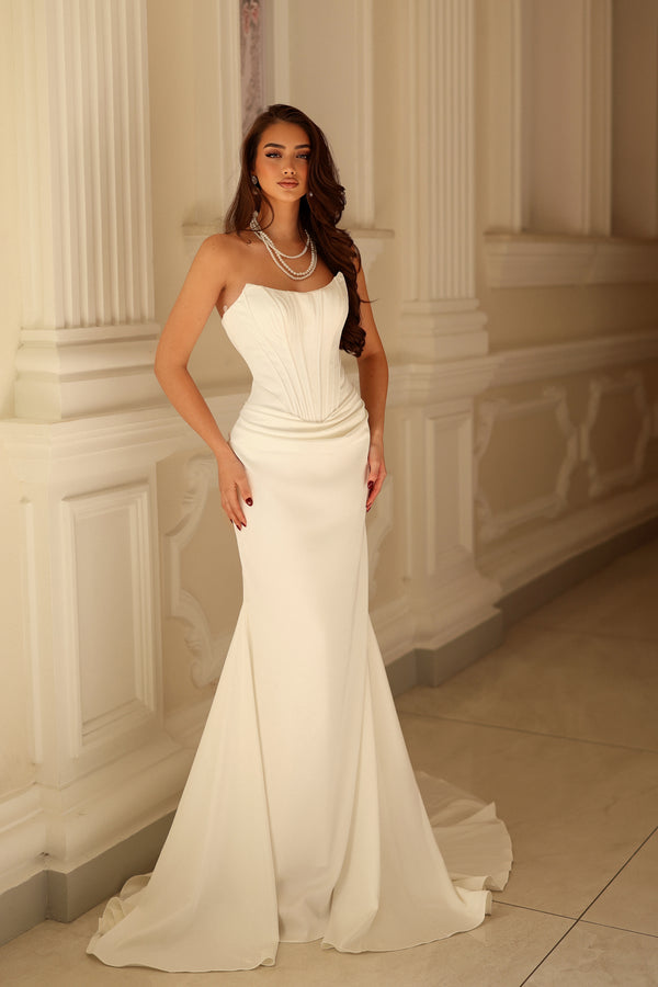 Strapless Straight Neck Floor-Length Crepe Wedding Dress Tina Holly TK805