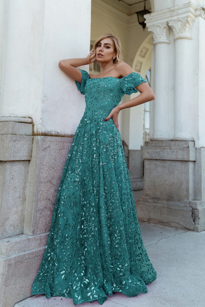 Off-the-Shoulder Floor-Length Sequin Formal A-Line Gown - Tina Holly TYTW023