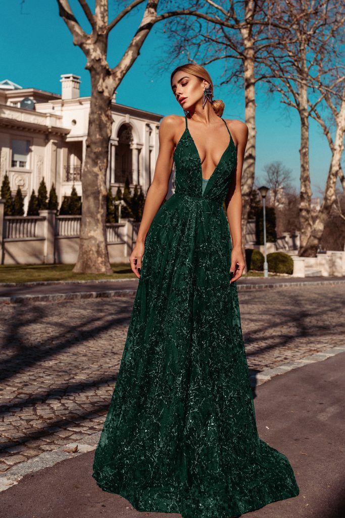 V-Neck Floor-Length Sequin Formal A-Line Gown Tina Holly TW030