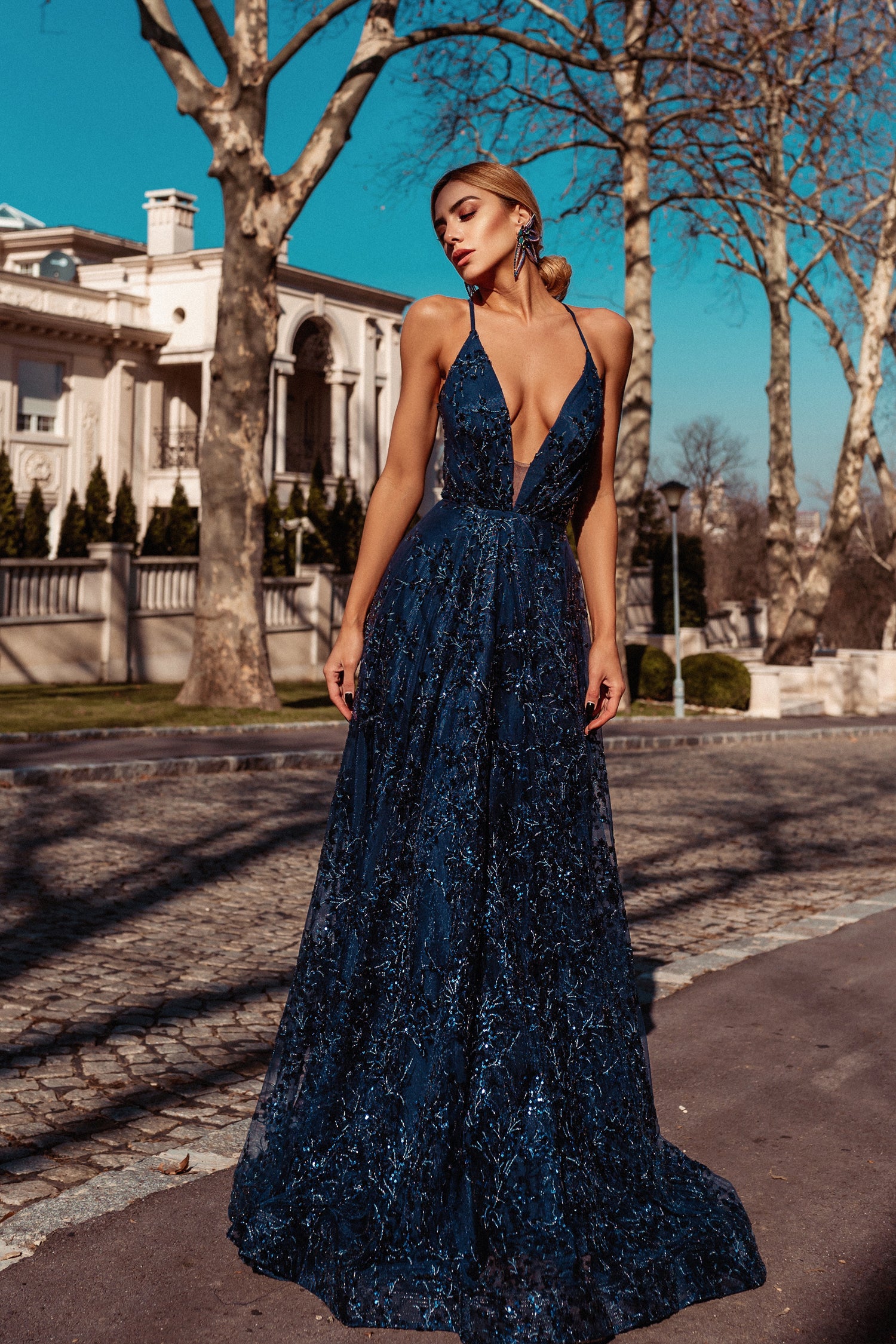 V-Neck Floor-Length Sequin Formal A-Line Gown Tina Holly TW030