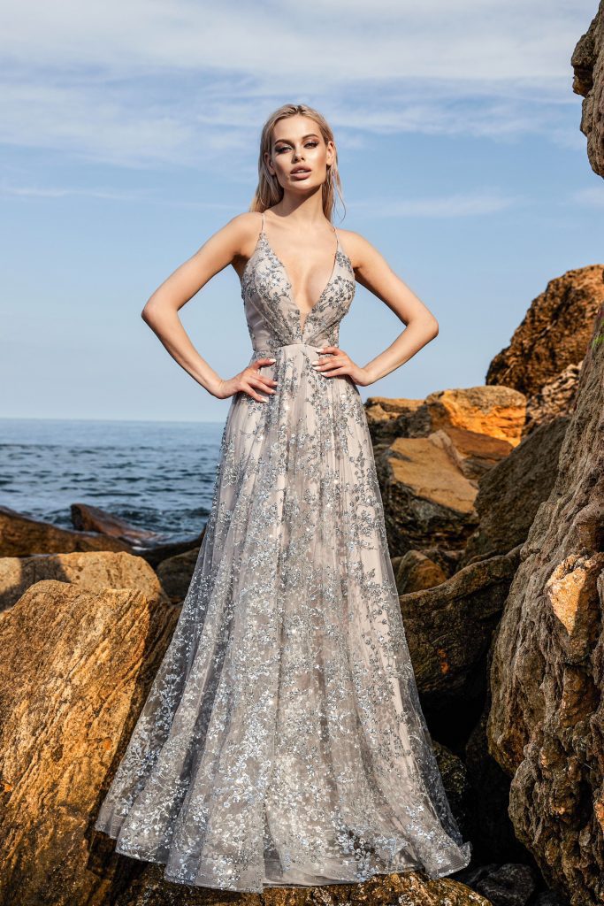 V-Neck Floor-Length Sequin Formal A-Line Gown Tina Holly TW030
