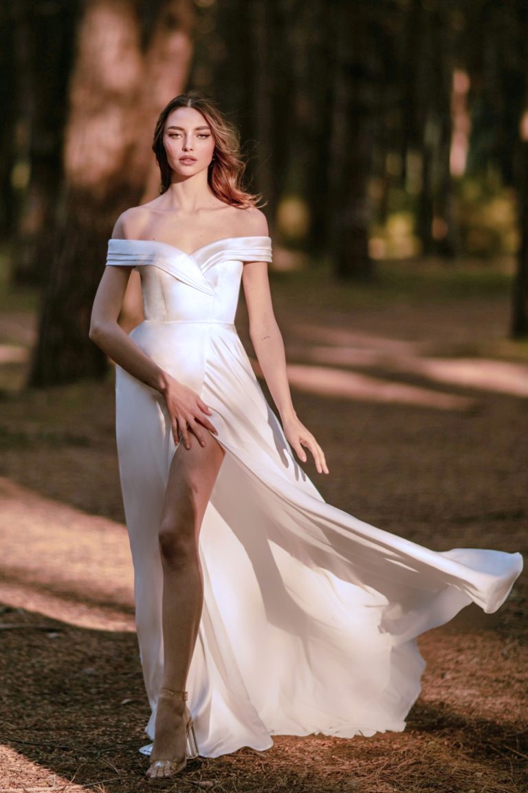 Off-the-Shoulder Floor-Length Satin Wedding A-Line Gown Tina Holly TW101