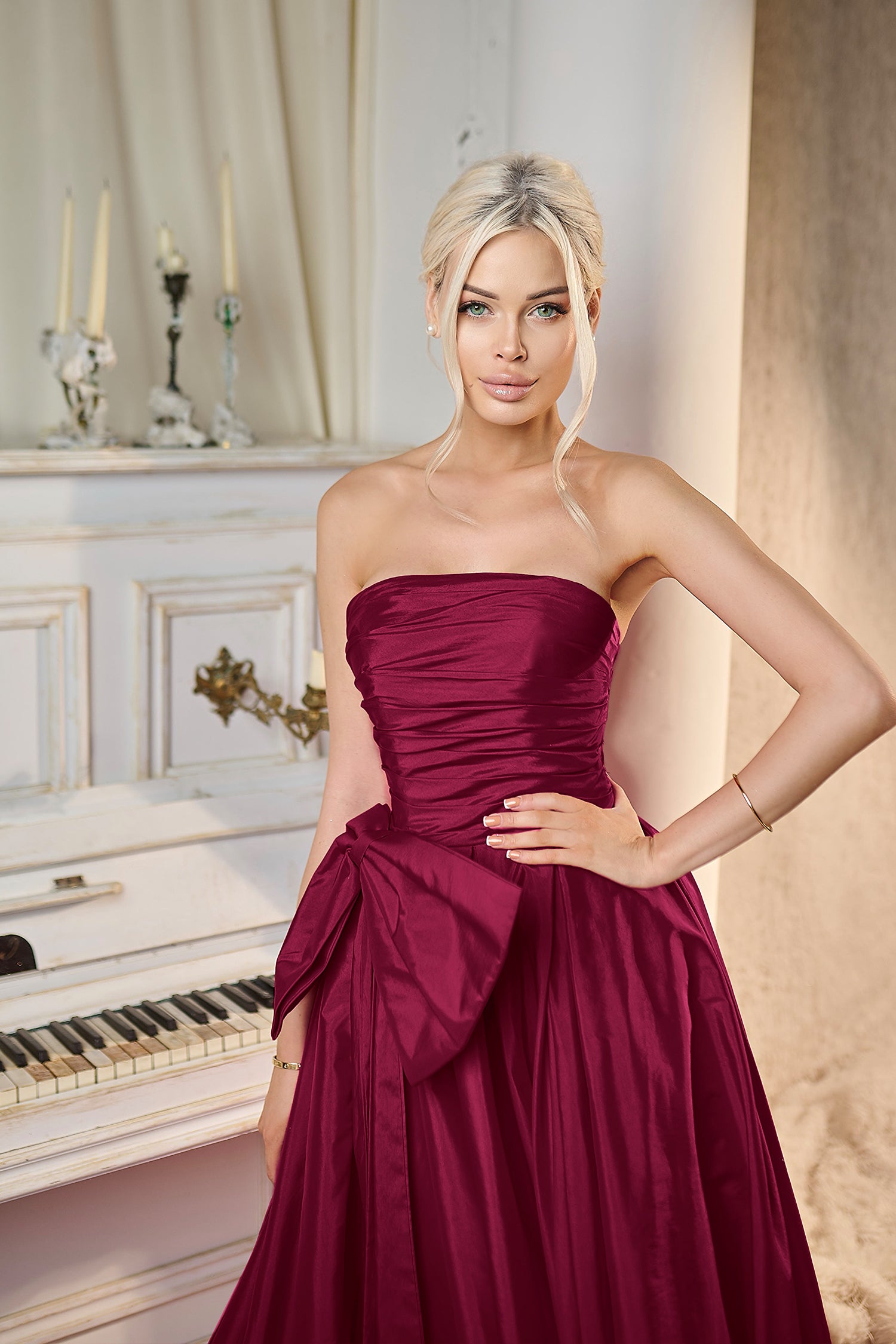 Wine Berry Strapless Floor-Length Taffeta Prom Ball Gown with Detachable Bow Tina Holly TW603