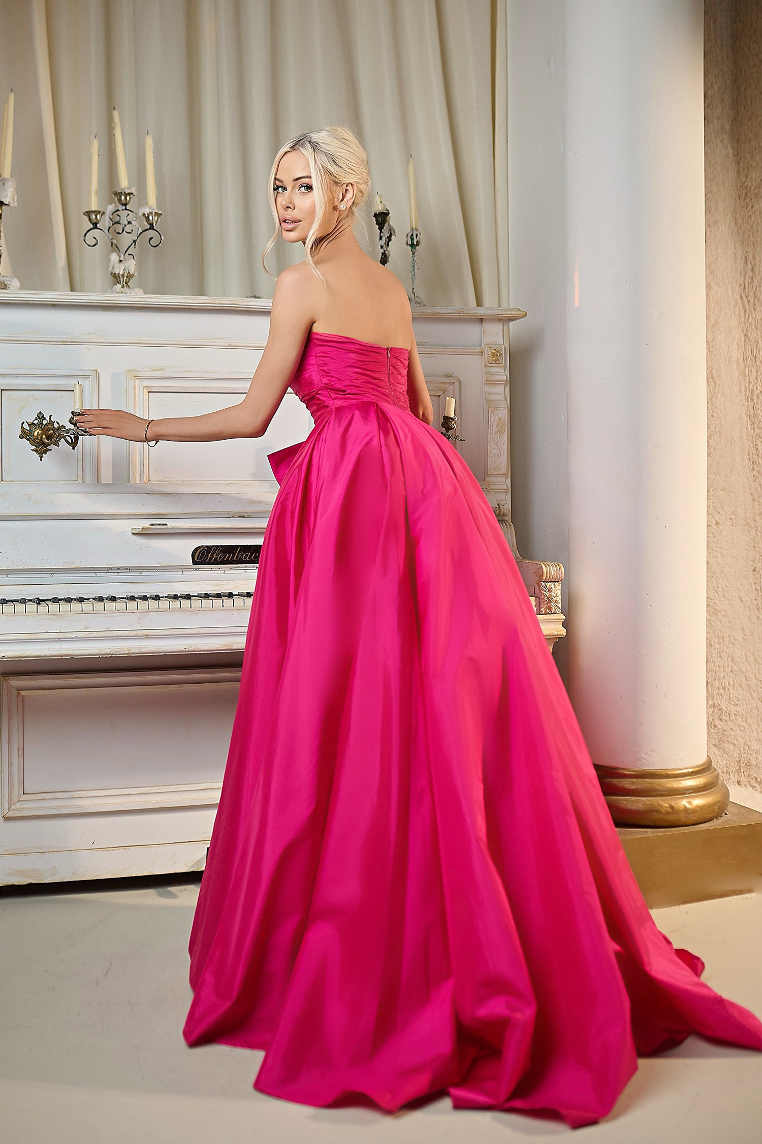 Fuchsia Pink Strapless Floor-Length Taffeta Prom Ball Gown with Detachable Bow Tina Holly TW603
