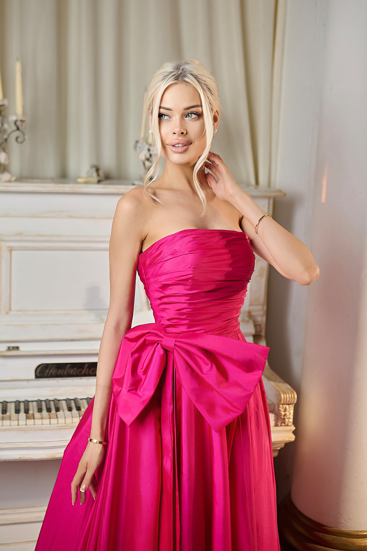Fuchsia Pink Strapless Floor-Length Taffeta Prom Ball Gown with Detachable Bow Tina Holly TW603