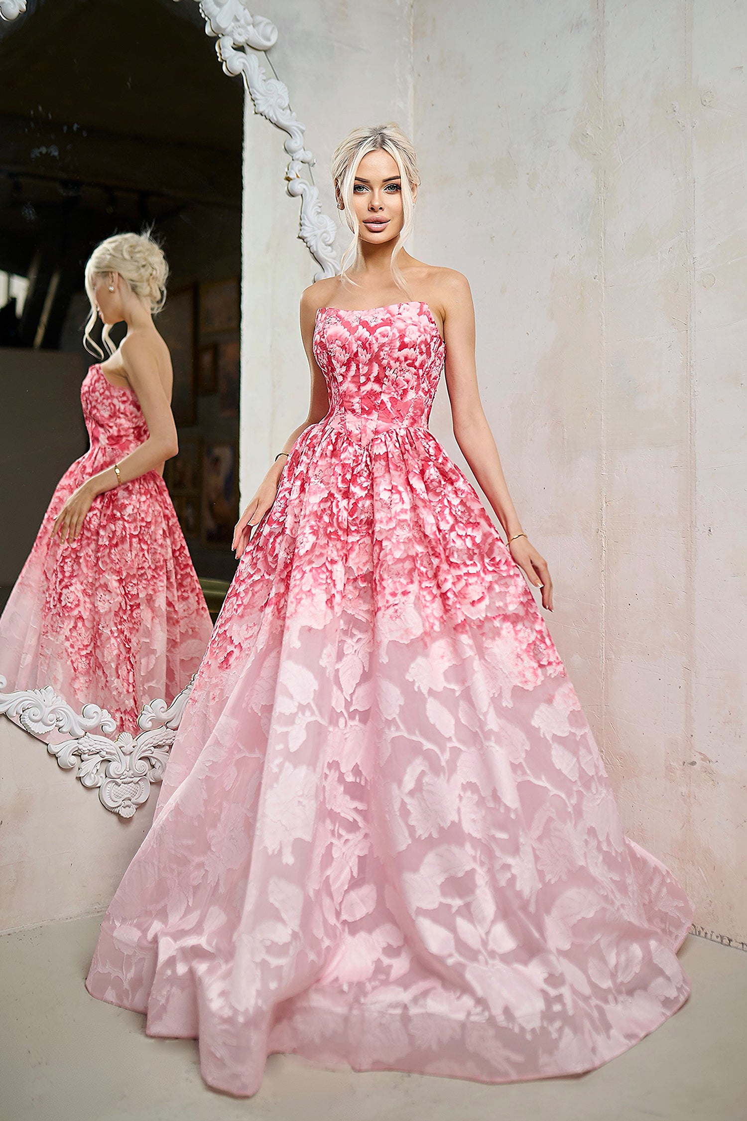 Floral Pink Strapless Floor Length Organza Prom Ball Gown with Floral Jacquard Tina Holly TW624