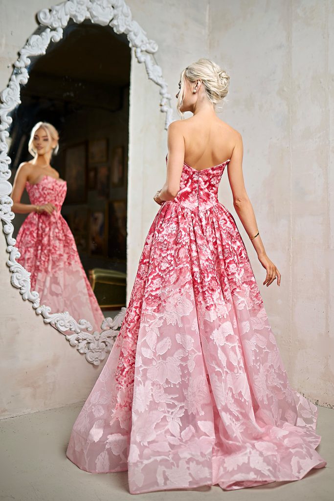 Floral Pink Strapless Floor Length Organza Prom Ball Gown with Floral Jacquard Tina Holly TW624