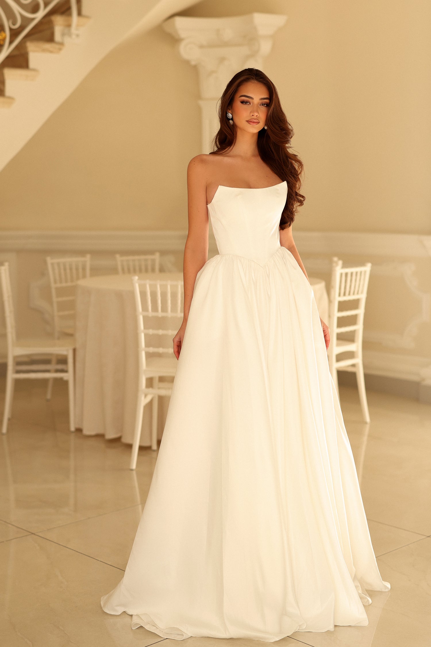 Strapless Straight Neck Floor-Length Train Satin Wedding Dress A-Line Tina Holly TW622