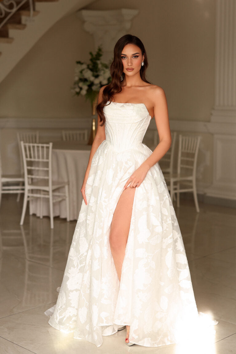 Strapless Straight Neck Floor-Length with Train Lace Wedding Dress A-Line Tina Holly TW623
