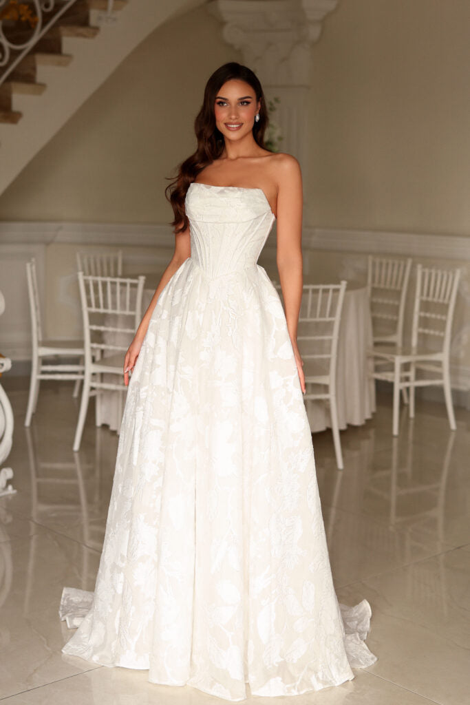 Strapless Straight Neck Floor-Length with Train Lace Wedding Dress A-Line Tina Holly TW623